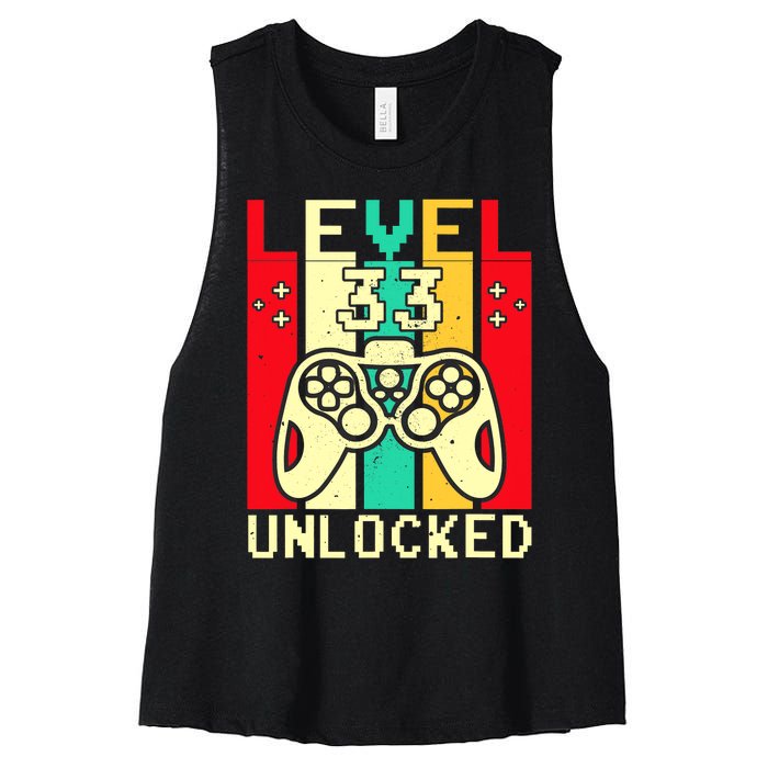 Funny 33rd Gamer  Saying Vintage Level 33 Unlocked Gaming Women's Racerback Cropped Tank