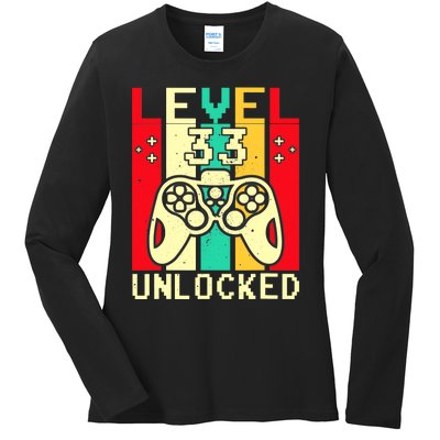 Funny 33rd Gamer  Saying Vintage Level 33 Unlocked Gaming Ladies Long Sleeve Shirt