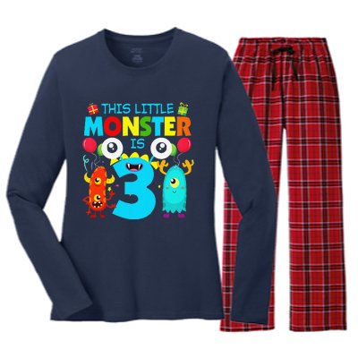 Funny 3 Year Old Gifts This Little Monster Is 3rd Birthday Women's Long Sleeve Flannel Pajama Set 