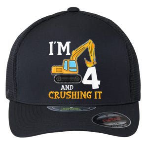 Four 4yr 4th Birthday Digger Construction 4 Years Old Flexfit Unipanel Trucker Cap