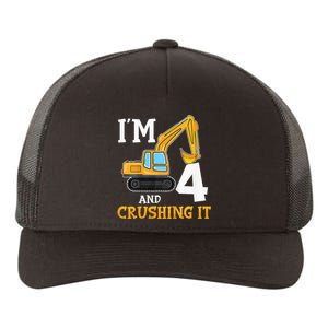 Four 4yr 4th Birthday Digger Construction 4 Years Old Yupoong Adult 5-Panel Trucker Hat