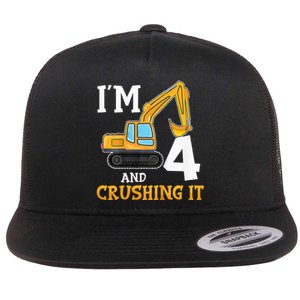 Four 4yr 4th Birthday Digger Construction 4 Years Old Flat Bill Trucker Hat