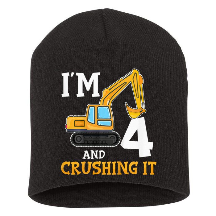 Four 4yr 4th Birthday Digger Construction 4 Years Old Short Acrylic Beanie