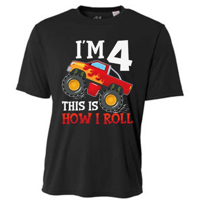 Four 4yr 4th Birthday Monster Truck Boy 4 Years Old Gift Cooling Performance Crew T-Shirt