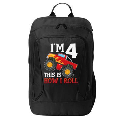 Four 4yr 4th Birthday Monster Truck Boy 4 Years Old Gift City Backpack