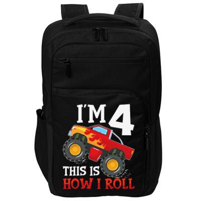 Four 4yr 4th Birthday Monster Truck Boy 4 Years Old Gift Impact Tech Backpack