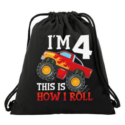 Four 4yr 4th Birthday Monster Truck Boy 4 Years Old Gift Drawstring Bag