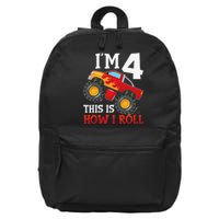 Four 4yr 4th Birthday Monster Truck Boy 4 Years Old Gift 16 in Basic Backpack