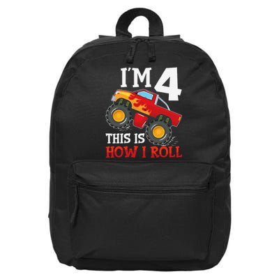 Four 4yr 4th Birthday Monster Truck Boy 4 Years Old Gift 16 in Basic Backpack