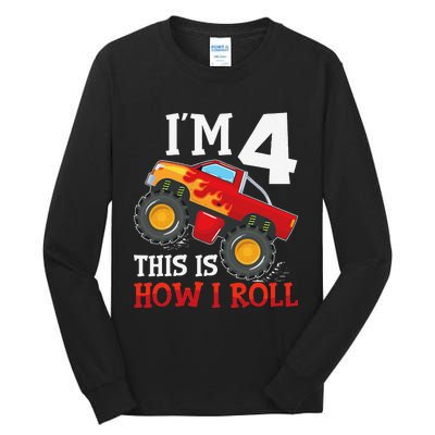 Four 4yr 4th Birthday Monster Truck Boy 4 Years Old Gift Tall Long Sleeve T-Shirt