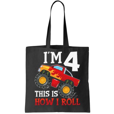 Four 4yr 4th Birthday Monster Truck Boy 4 Years Old Gift Tote Bag