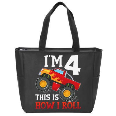 Four 4yr 4th Birthday Monster Truck Boy 4 Years Old Gift Zip Tote Bag