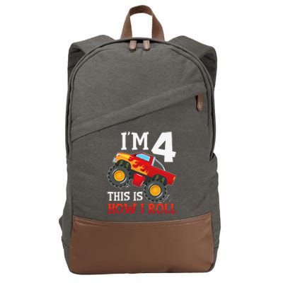 Four 4yr 4th Birthday Monster Truck Boy 4 Years Old Gift Cotton Canvas Backpack