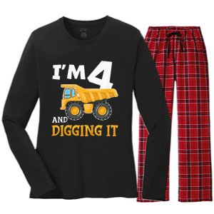 Four 4yr 4th Birthday Construction Boy 4 Years Old Women's Long Sleeve Flannel Pajama Set 