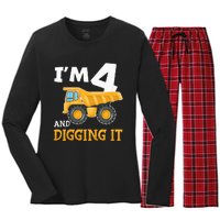 Four 4yr 4th Birthday Construction Boy 4 Years Old Women's Long Sleeve Flannel Pajama Set 