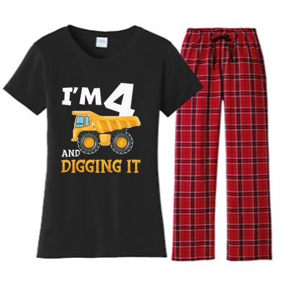 Four 4yr 4th Birthday Construction Boy 4 Years Old Women's Flannel Pajama Set