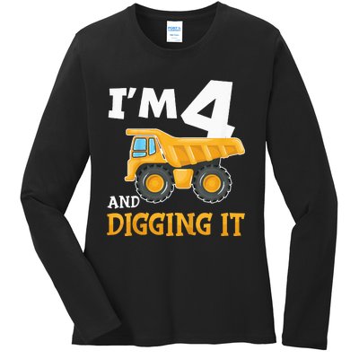 Four 4yr 4th Birthday Construction Boy 4 Years Old Ladies Long Sleeve Shirt