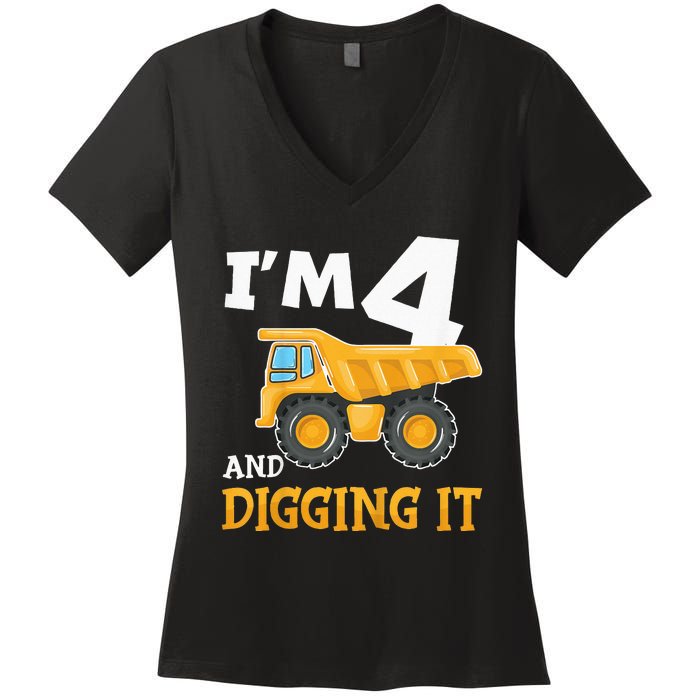 Four 4yr 4th Birthday Construction Boy 4 Years Old Women's V-Neck T-Shirt