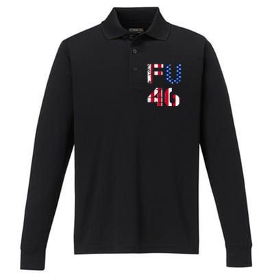 FU 46 Anti Biden Vintage Retro Distressed American Flag Performance Long Sleeve Polo