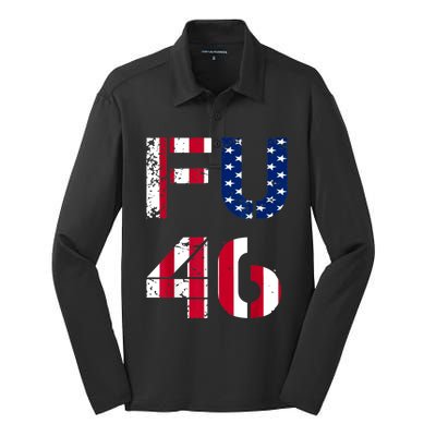 FU 46 Anti Biden Vintage Retro Distressed American Flag Silk Touch Performance Long Sleeve Polo