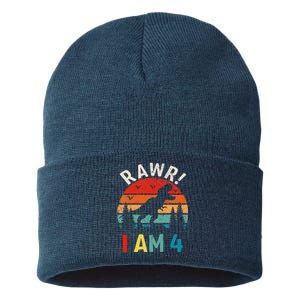 Funny 4th Birthday Dinosaur Rawr Im 4 Year Old For Sustainable Knit Beanie