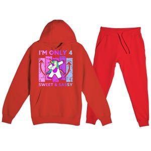 Funny 4th Birthday Unicorn IM ONLY 4 Years Anniversary Premium Hooded Sweatsuit Set