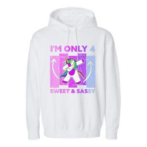 Funny 4th Birthday Unicorn IM ONLY 4 Years Anniversary Garment-Dyed Fleece Hoodie