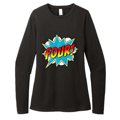 Four! 4th Birthday Superhero 4 Years Old Comic Book Womens CVC Long Sleeve Shirt