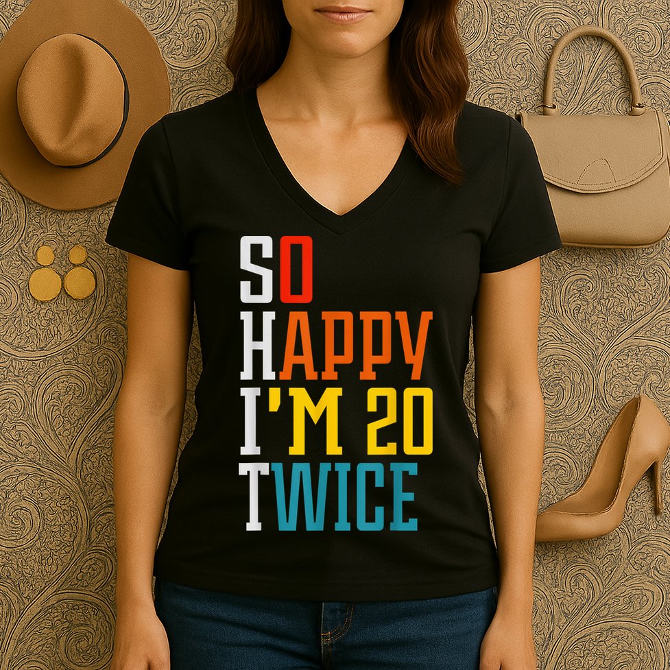 Funny 40th Birthday Tee So Happy I'm 20 Twice Birthday Humor Women's V-Neck T-Shirt
