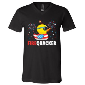 Funny 4th Of July Duck Firequacker Patriotic Fourth Of July Gift V-Neck T-Shirt