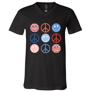 Fourth 4th Of July American Flag Peace Sign Gift V-Neck T-Shirt