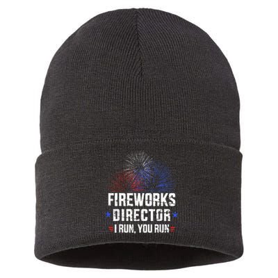 Funny 4th of July Fireworks director I run you run Sustainable Knit Beanie