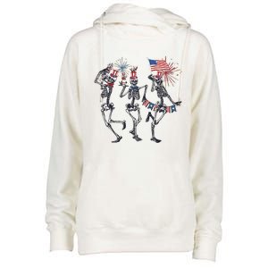 Funny 4th Of July Dancing Skeleton American Flag Womens Funnel Neck Pullover Hood