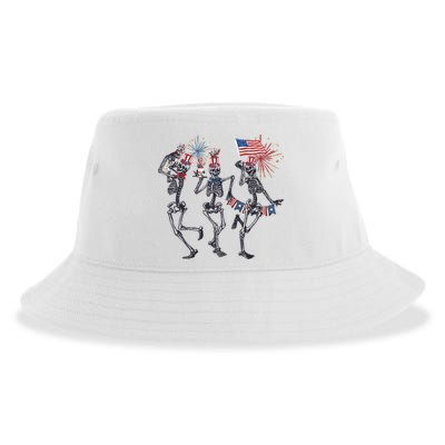 Funny 4th Of July Dancing Skeleton American Flag Sustainable Bucket Hat