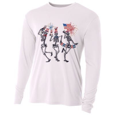 Funny 4th Of July Dancing Skeleton American Flag Cooling Performance Long Sleeve Crew