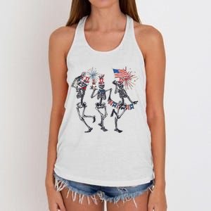 Funny 4th Of July Dancing Skeleton American Flag Women's Knotted Racerback Tank