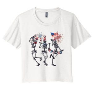 Funny 4th Of July Dancing Skeleton American Flag Women's Crop Top Tee