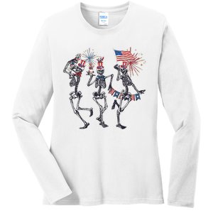 Funny 4th Of July Dancing Skeleton American Flag Ladies Long Sleeve Shirt