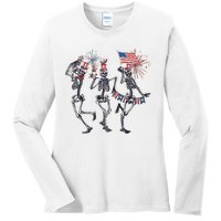 Funny 4th Of July Dancing Skeleton American Flag Ladies Long Sleeve Shirt