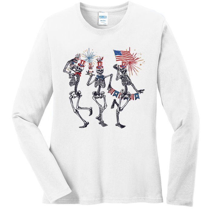 Funny 4th Of July Dancing Skeleton American Flag Ladies Long Sleeve Shirt