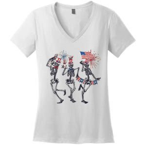 Funny 4th Of July Dancing Skeleton American Flag Women's V-Neck T-Shirt