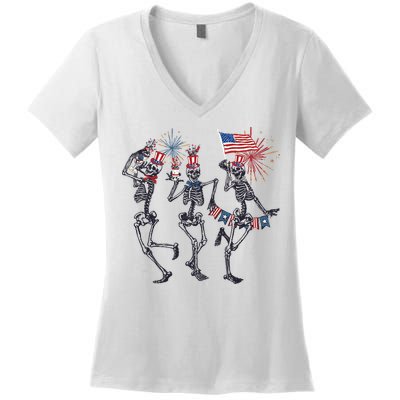 Funny 4th Of July Dancing Skeleton American Flag Women's V-Neck T-Shirt