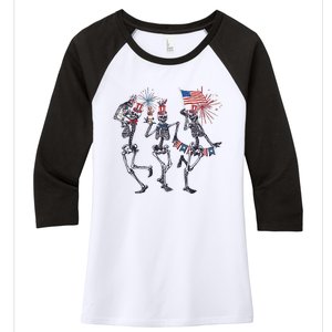 Funny 4th Of July Dancing Skeleton American Flag Women's Tri-Blend 3/4-Sleeve Raglan Shirt