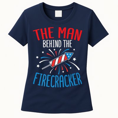 Funny 4th Of July Baby Shower The Man Behind The Firecracker Womens T-Shirt