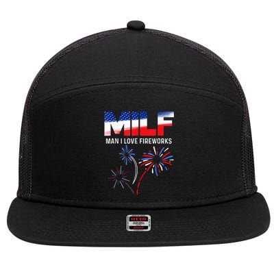 Funny 4th of July shirt MILF Man I Love Fireworks USA Flag 7 Panel Mesh Trucker Snapback Hat