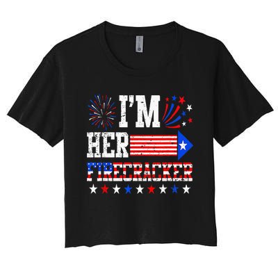 Funny 4th Of July Us Flag Couples Im Her Firecracker Women's Crop Top Tee