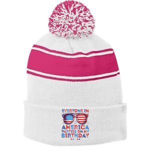 Funny 4th Of July Birthday Celebration Stripe Pom Pom Beanie