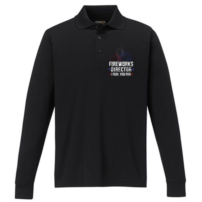 Funny 4th Of July Fireworks Director I Run You Run Performance Long Sleeve Polo