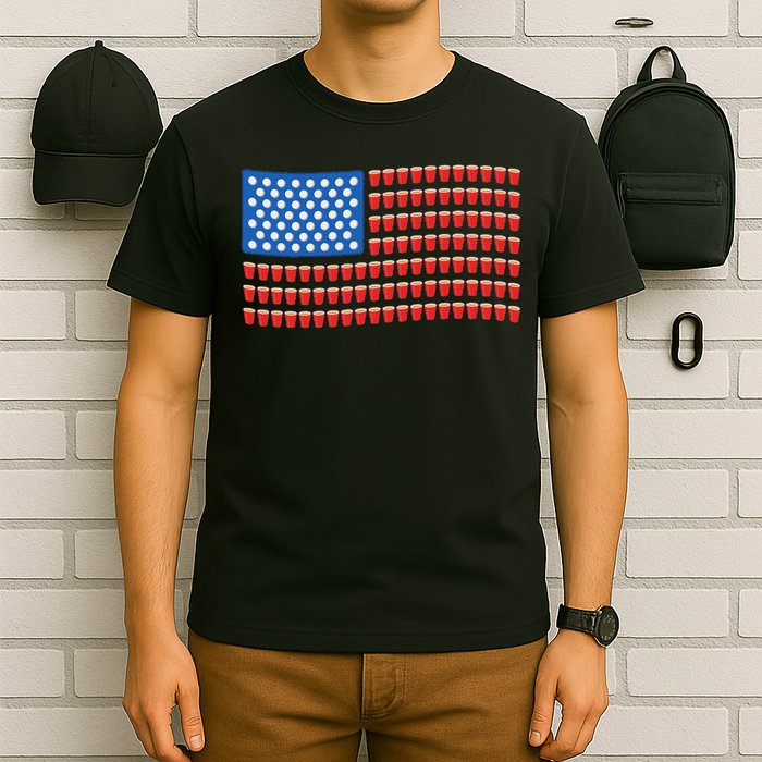 Funny 4th Of July Beer Pong American Flag T-Shirt