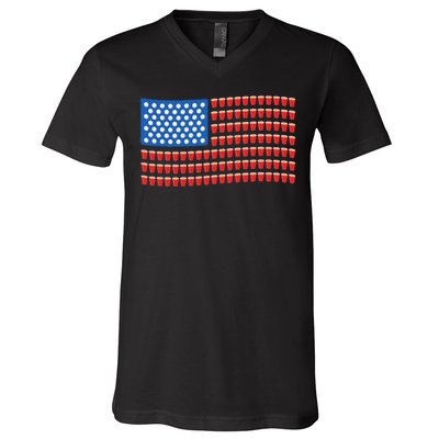 Funny 4th Of July Beer Pong American Flag V-Neck T-Shirt